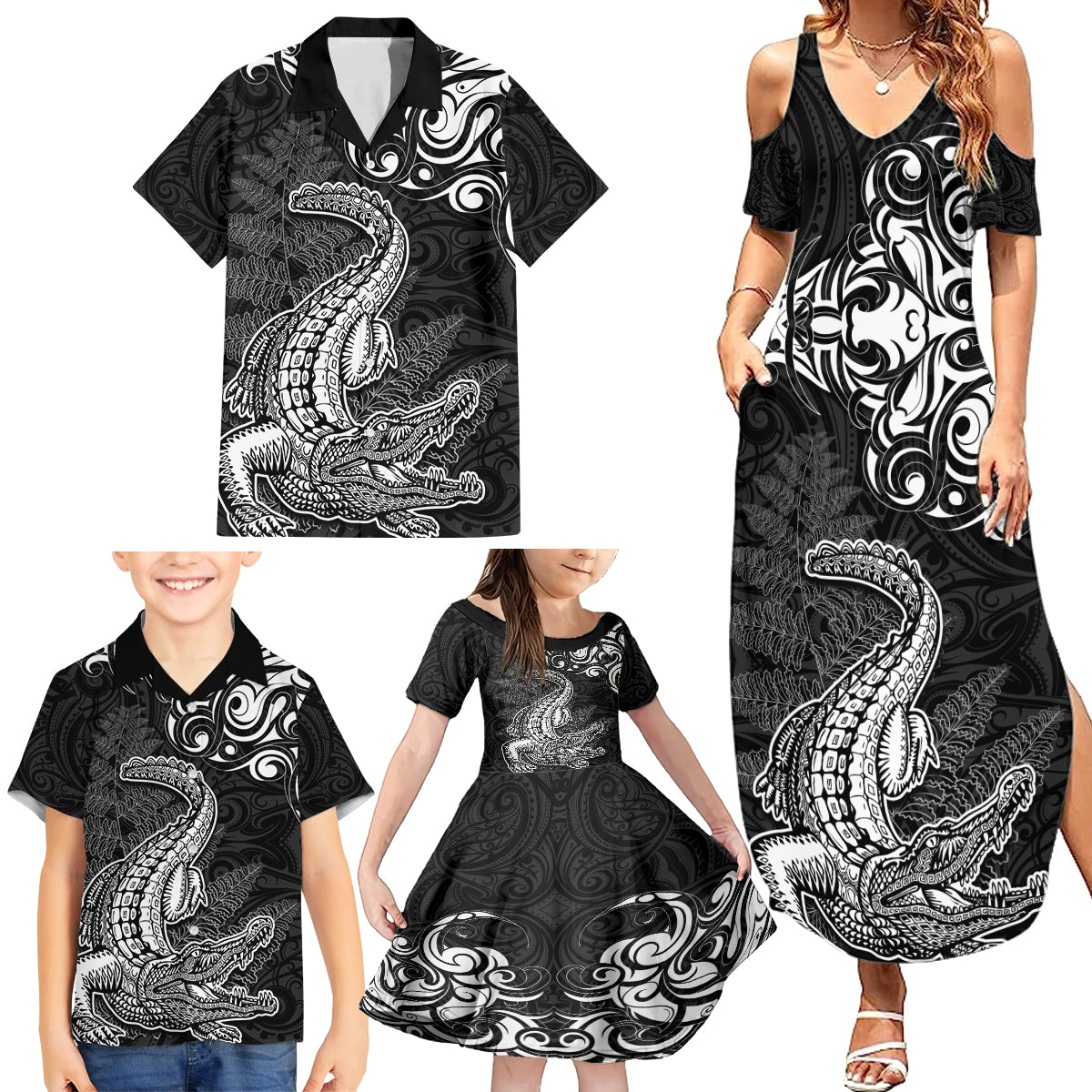 New Zealand Crocodile Tattoo and Fern Family Matching Summer Maxi Dress and Hawaiian Shirt Maori Pattern LT03 - Polynesian Pride