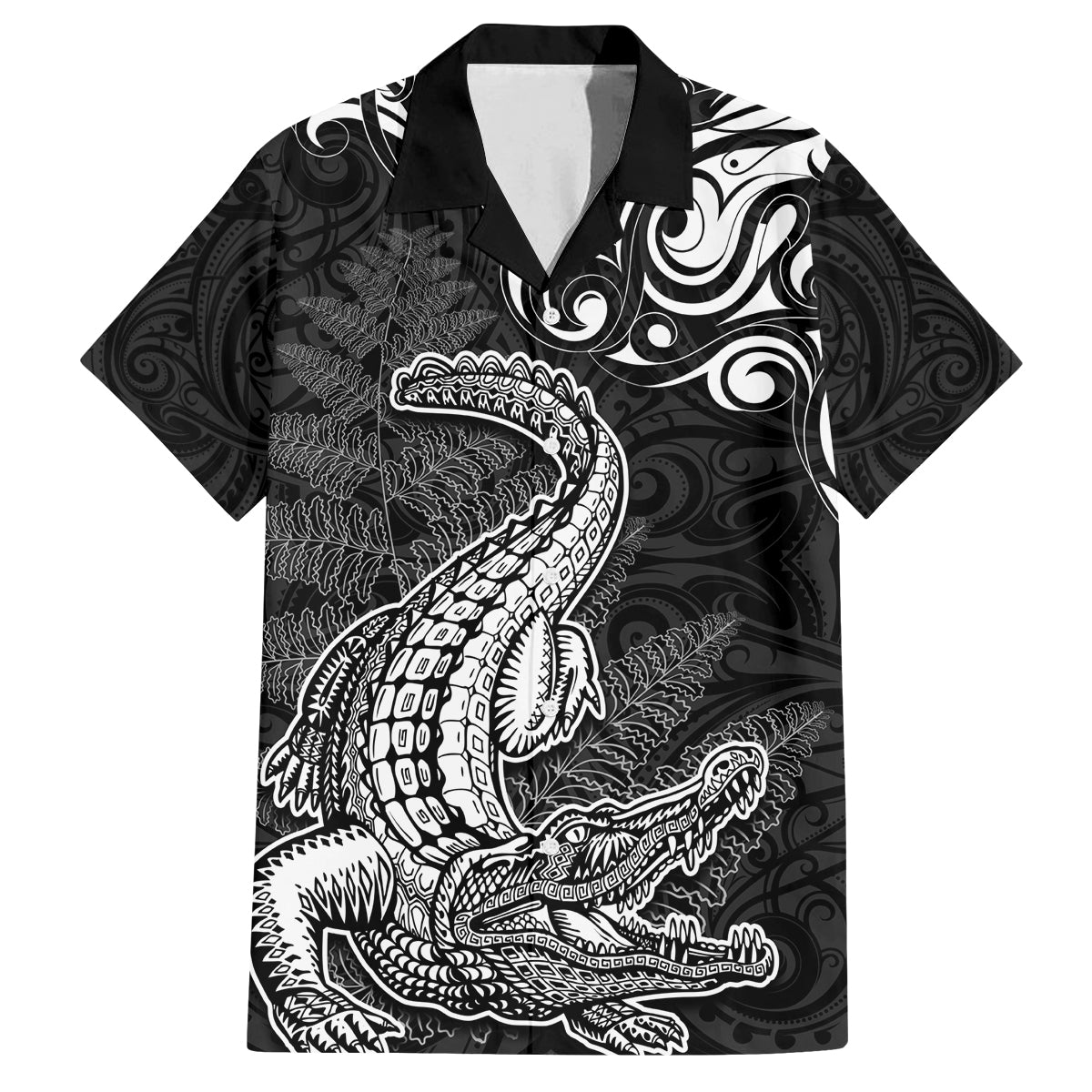 New Zealand Crocodile Tattoo and Fern Family Matching Summer Maxi Dress and Hawaiian Shirt Maori Pattern LT03 Dad's Shirt - Short Sleeve Black - Polynesian Pride