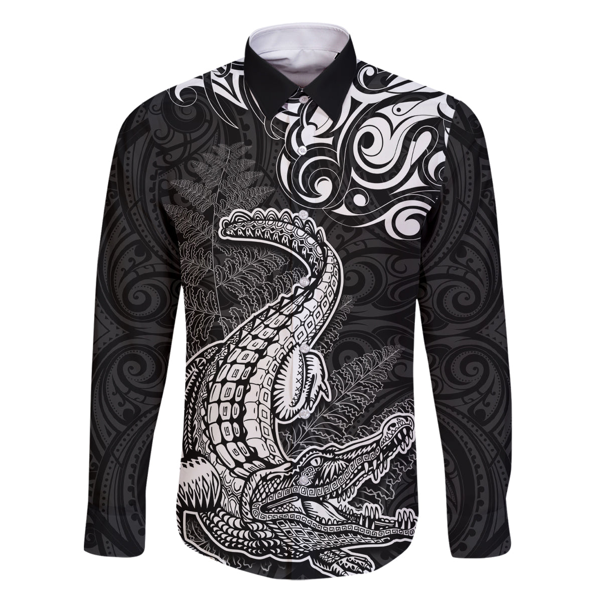 New Zealand Crocodile Tattoo and Fern Family Matching Summer Maxi Dress and Hawaiian Shirt Maori Pattern LT03 Dad's Shirt - Long Sleeve Black - Polynesian Pride