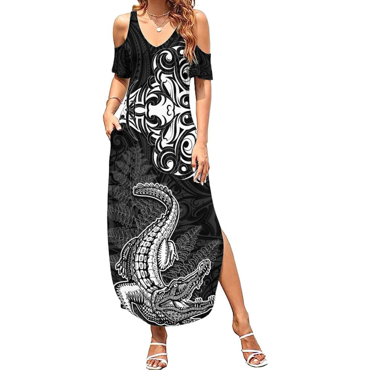 New Zealand Crocodile Tattoo and Fern Family Matching Summer Maxi Dress and Hawaiian Shirt Maori Pattern LT03 Mom's Dress Black - Polynesian Pride