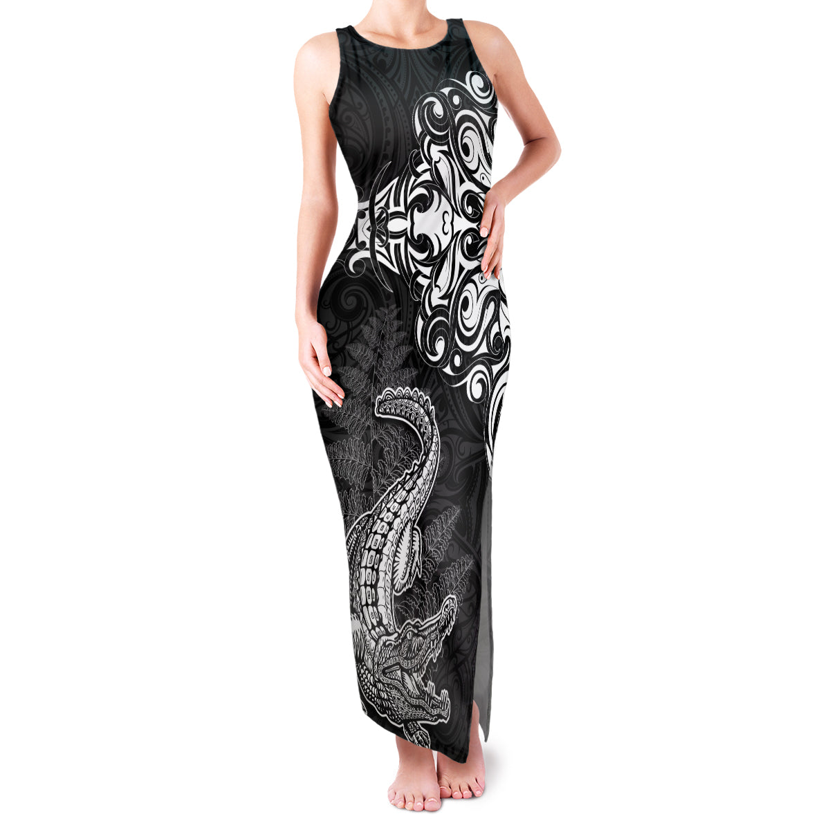 New Zealand Crocodile Tattoo and Fern Family Matching Tank Maxi Dress and Hawaiian Shirt Maori Pattern LT03 Mom's Dress Black - Polynesian Pride