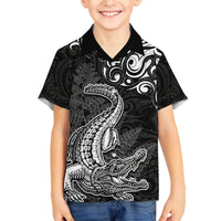 New Zealand Crocodile Tattoo and Fern Family Matching Tank Maxi Dress and Hawaiian Shirt Maori Pattern LT03 Son's Shirt Black - Polynesian Pride