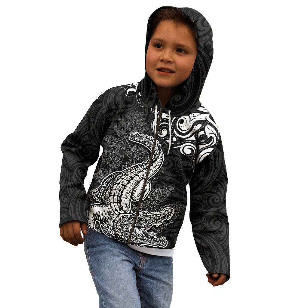 New Zealand Crocodile Tattoo and Fern Kid Hoodie Maori Pattern