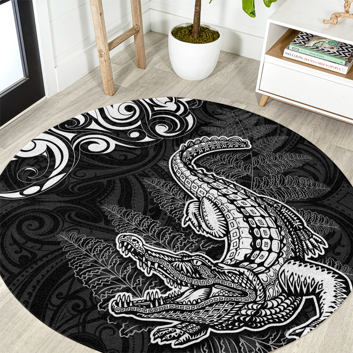 New Zealand Crocodile Tattoo and Fern Round Carpet Maori Pattern LT03 Black - Polynesian Pride