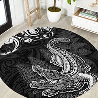 New Zealand Crocodile Tattoo and Fern Round Carpet Maori Pattern LT03 Black - Polynesian Pride