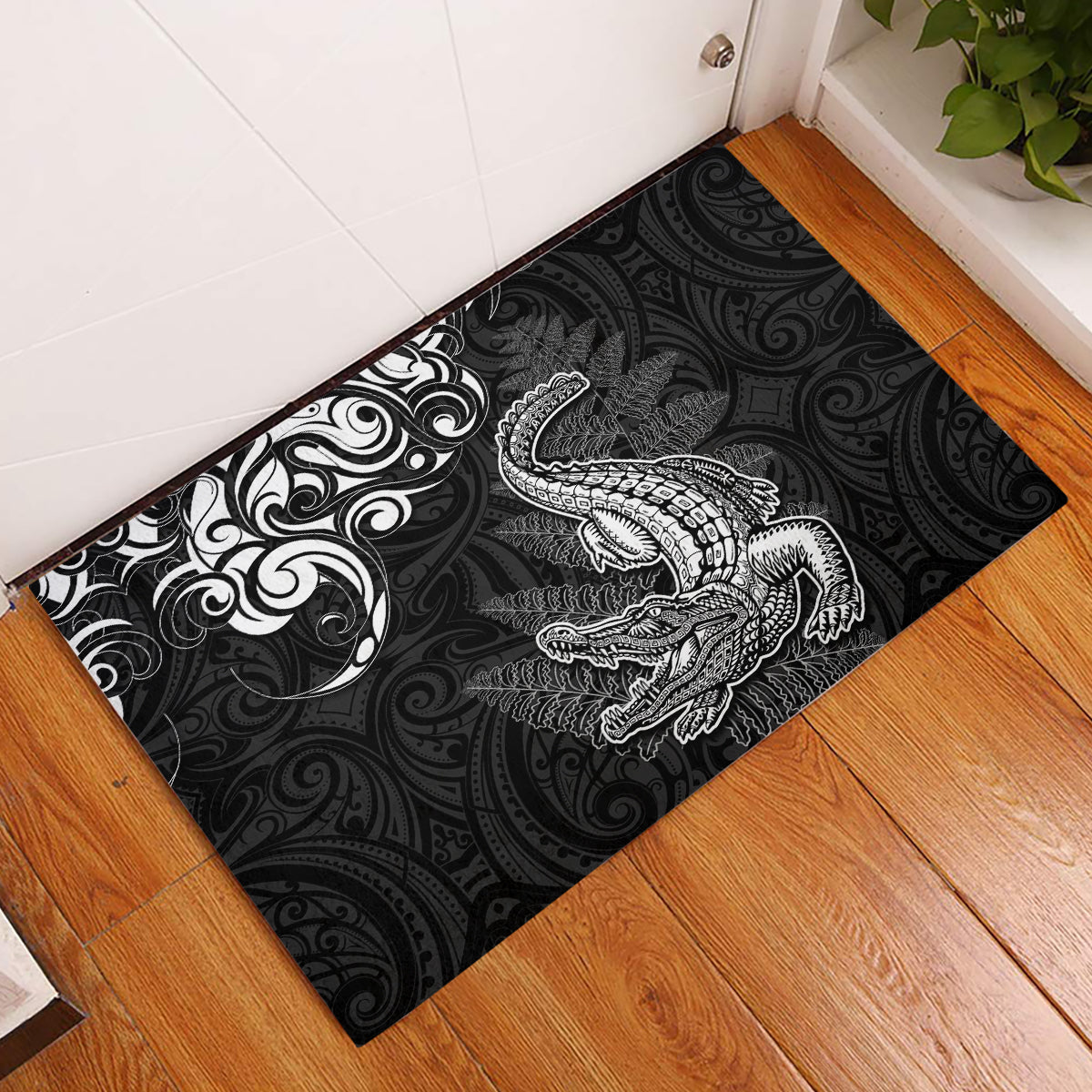 New Zealand Crocodile Tattoo and Fern Rubber Doormat Maori Pattern