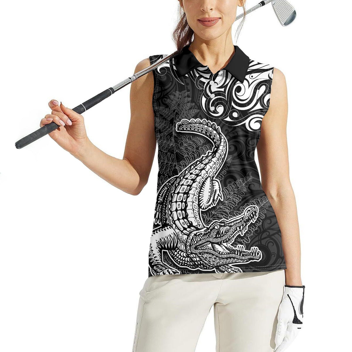 New Zealand Crocodile Tattoo and Fern Women Sleeveless Polo Shirt Maori Pattern