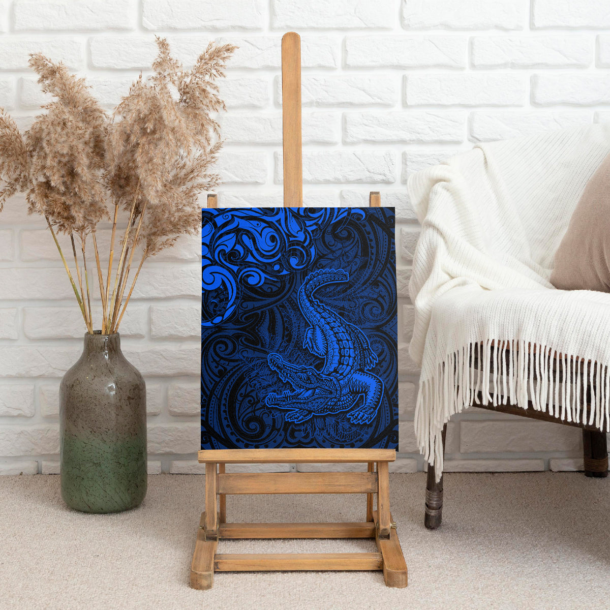 New Zealand Crocodile Tattoo and Fern Canvas Wall Art Maori Pattern Blue Color