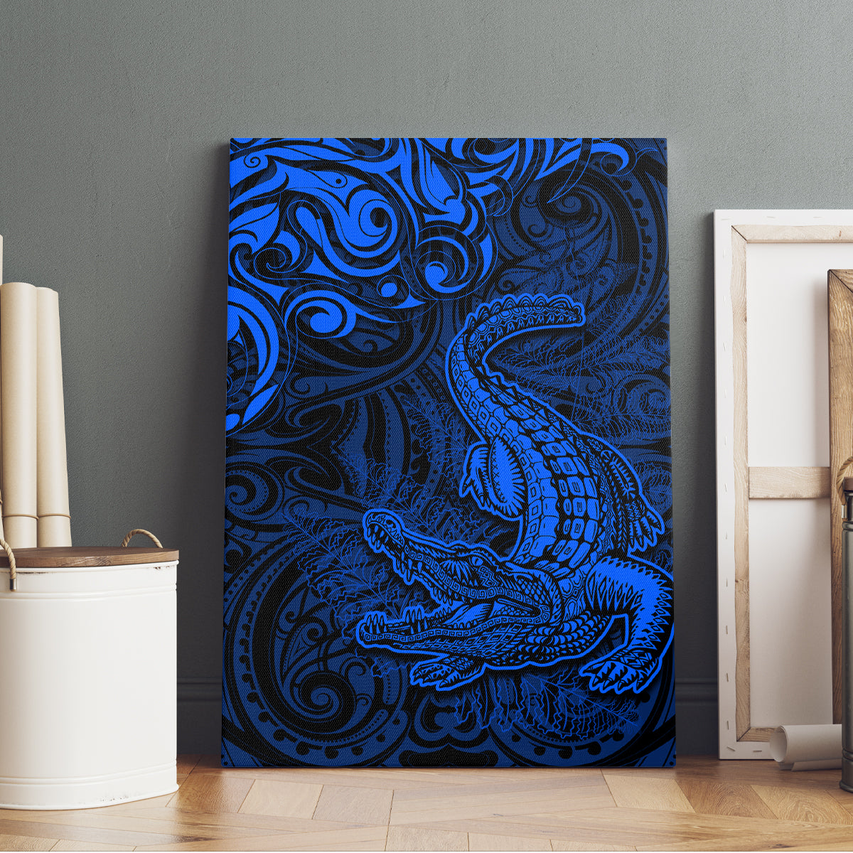 New Zealand Crocodile Tattoo and Fern Canvas Wall Art Maori Pattern Blue Color