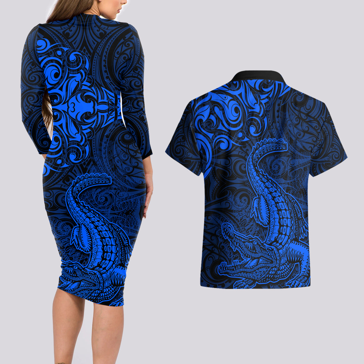 New Zealand Crocodile Tattoo and Fern Couples Matching Long Sleeve Bodycon Dress and Hawaiian Shirt Maori Pattern Blue Color LT03 - Polynesian Pride