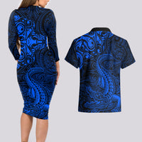 New Zealand Crocodile Tattoo and Fern Couples Matching Long Sleeve Bodycon Dress and Hawaiian Shirt Maori Pattern Blue Color LT03 - Polynesian Pride