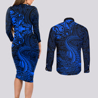 New Zealand Crocodile Tattoo and Fern Couples Matching Long Sleeve Bodycon Dress and Long Sleeve Button Shirt Maori Pattern Blue Color LT03 - Polynesian Pride