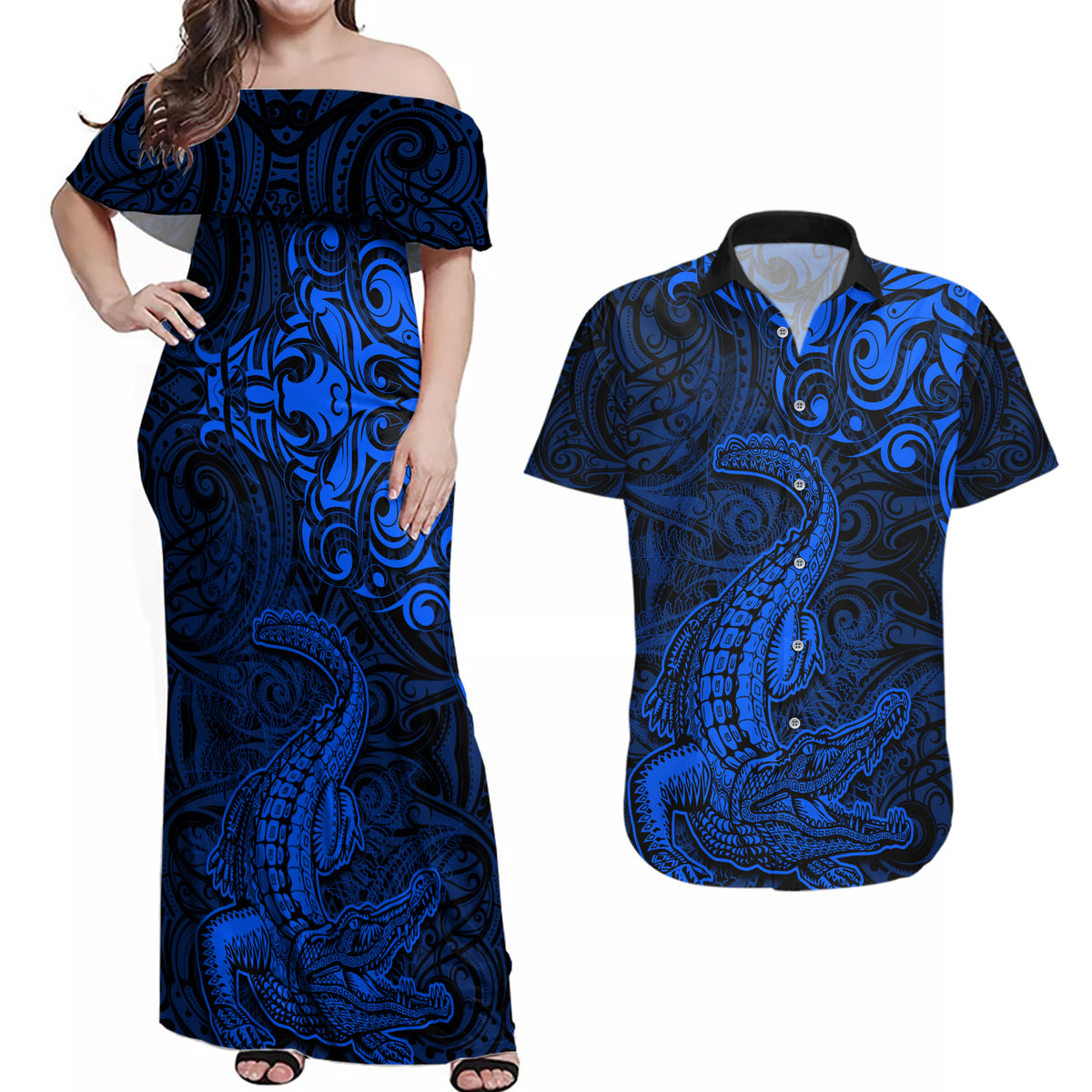 New Zealand Crocodile Tattoo and Fern Couples Matching Off Shoulder Maxi Dress and Hawaiian Shirt Maori Pattern Blue Color LT03 Blue - Polynesian Pride