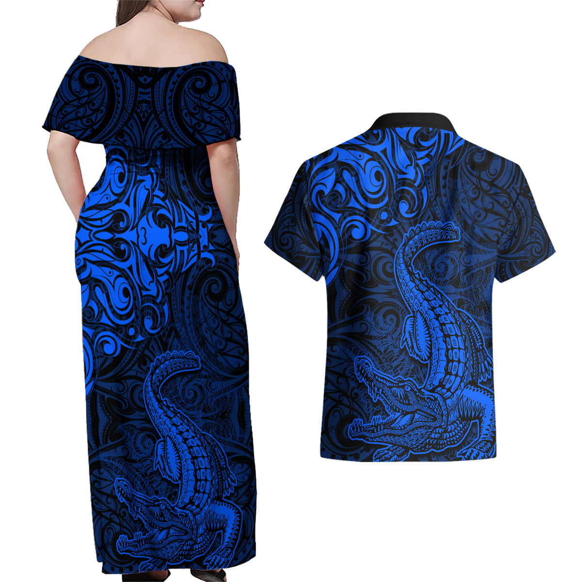 New Zealand Crocodile Tattoo and Fern Couples Matching Off Shoulder Maxi Dress and Hawaiian Shirt Maori Pattern Blue Color LT03 - Polynesian Pride