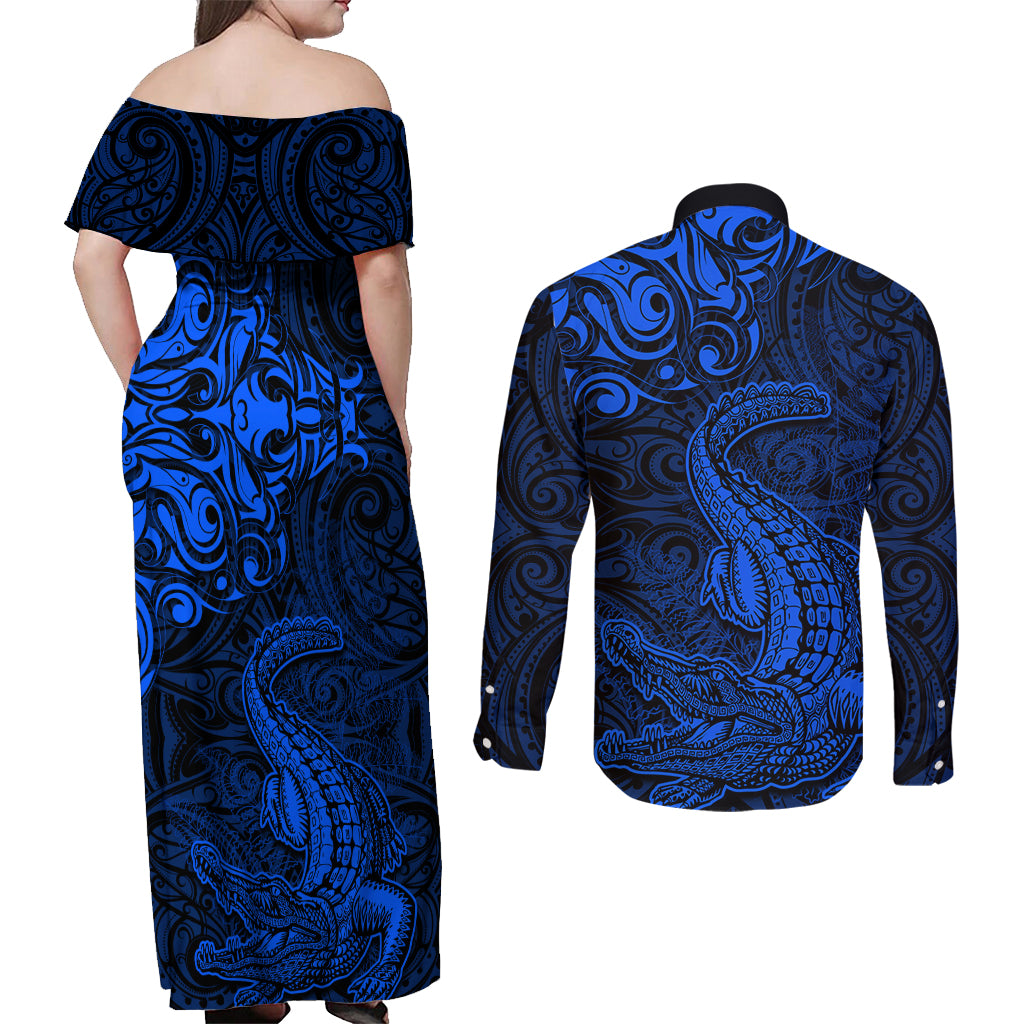 New Zealand Crocodile Tattoo and Fern Couples Matching Off Shoulder Maxi Dress and Long Sleeve Button Shirt Maori Pattern Blue Color LT03 - Polynesian Pride