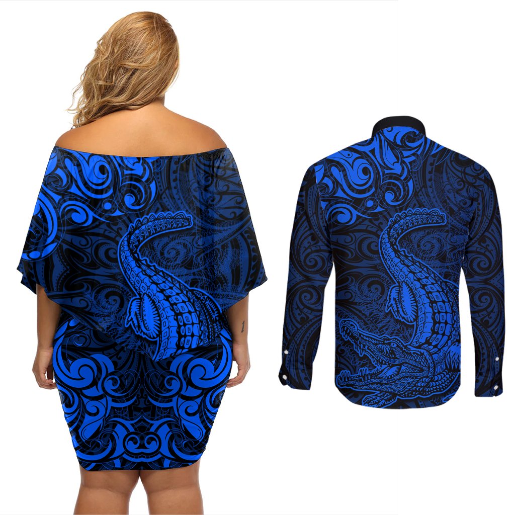 New Zealand Crocodile Tattoo and Fern Couples Matching Off Shoulder Short Dress and Long Sleeve Button Shirt Maori Pattern Blue Color LT03 - Polynesian Pride
