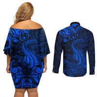 New Zealand Crocodile Tattoo and Fern Couples Matching Off Shoulder Short Dress and Long Sleeve Button Shirt Maori Pattern Blue Color LT03 - Polynesian Pride