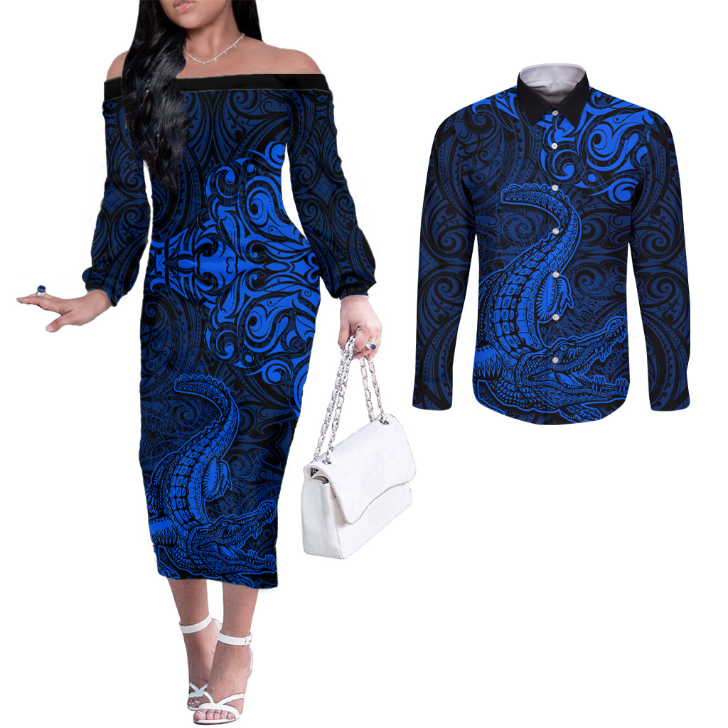 New Zealand Crocodile Tattoo and Fern Couples Matching Off The Shoulder Long Sleeve Dress and Long Sleeve Button Shirt Maori Pattern Blue Color LT03 Blue - Polynesian Pride
