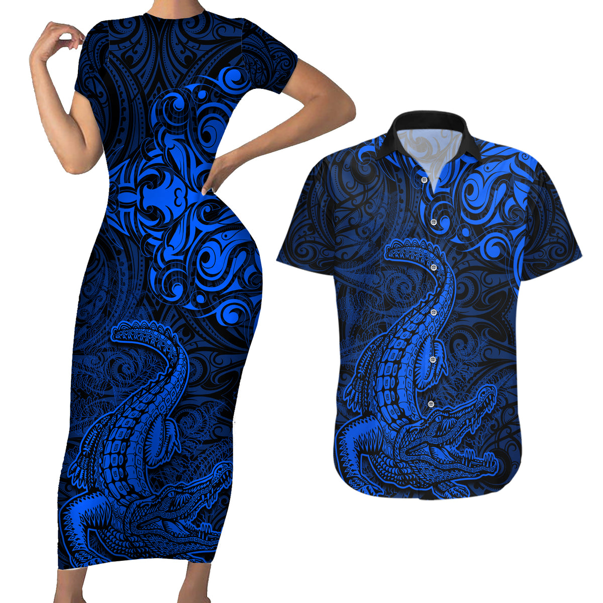 New Zealand Crocodile Tattoo and Fern Couples Matching Short Sleeve Bodycon Dress and Hawaiian Shirt Maori Pattern Blue Color LT03 Blue - Polynesian Pride