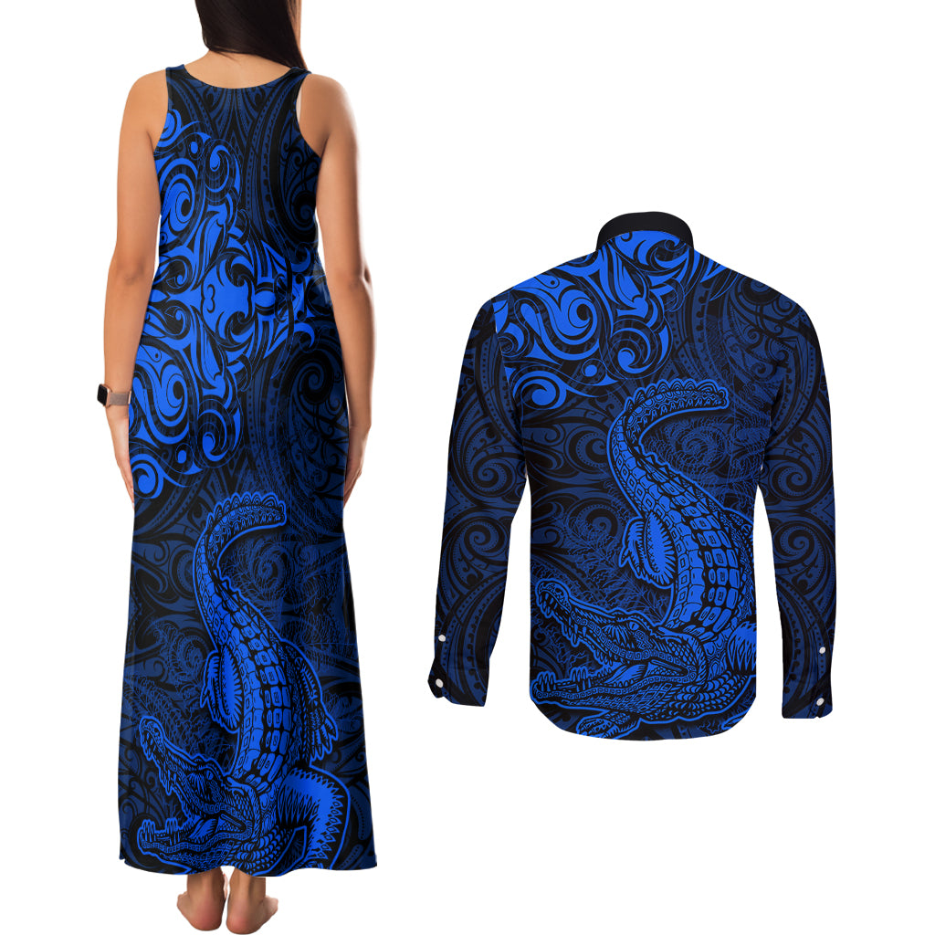 New Zealand Crocodile Tattoo and Fern Couples Matching Tank Maxi Dress and Long Sleeve Button Shirt Maori Pattern Blue Color LT03 - Polynesian Pride