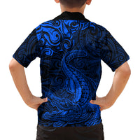 New Zealand Crocodile Tattoo and Fern Family Matching Long Sleeve Bodycon Dress and Hawaiian Shirt Maori Pattern Blue Color LT03 - Polynesian Pride