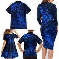 New Zealand Crocodile Tattoo and Fern Family Matching Long Sleeve Bodycon Dress and Hawaiian Shirt Maori Pattern Blue Color LT03 - Polynesian Pride