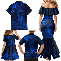 New Zealand Crocodile Tattoo and Fern Family Matching Mermaid Dress and Hawaiian Shirt Maori Pattern Blue Color LT03 - Polynesian Pride