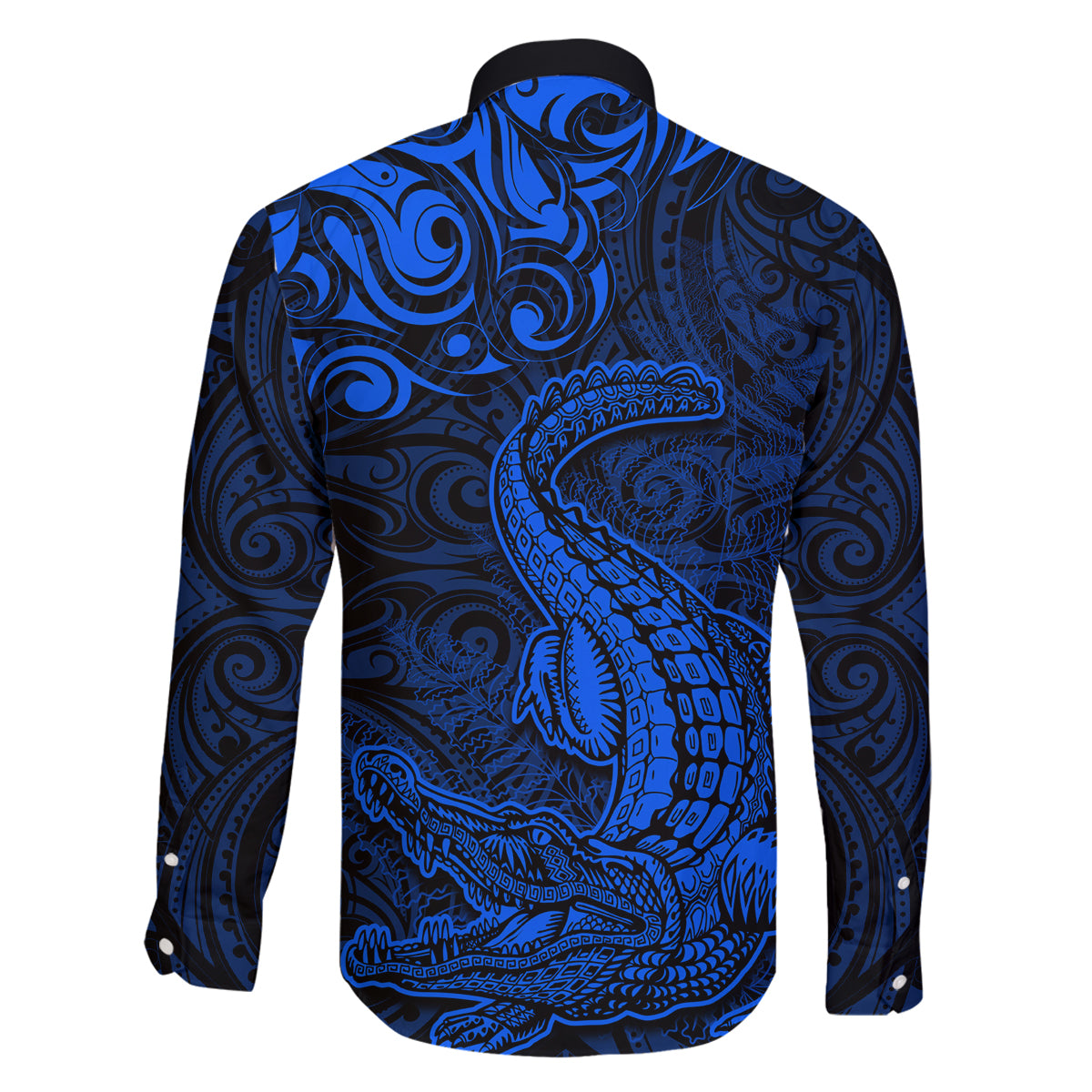 New Zealand Crocodile Tattoo and Fern Family Matching Off The Shoulder Long Sleeve Dress and Hawaiian Shirt Maori Pattern Blue Color LT03 - Polynesian Pride