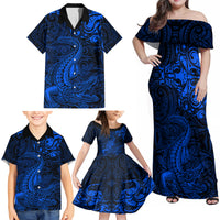 New Zealand Crocodile Tattoo and Fern Family Matching Off Shoulder Maxi Dress and Hawaiian Shirt Maori Pattern Blue Color LT03 - Polynesian Pride