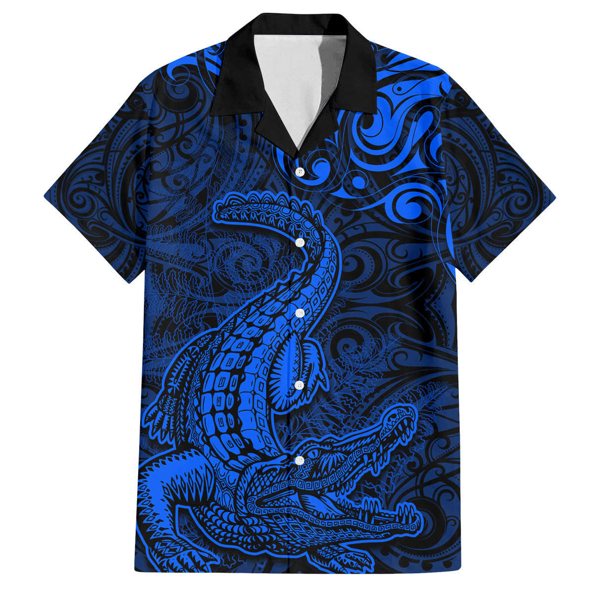 New Zealand Crocodile Tattoo and Fern Family Matching Off Shoulder Maxi Dress and Hawaiian Shirt Maori Pattern Blue Color LT03 Dad's Shirt - Short Sleeve Blue - Polynesian Pride
