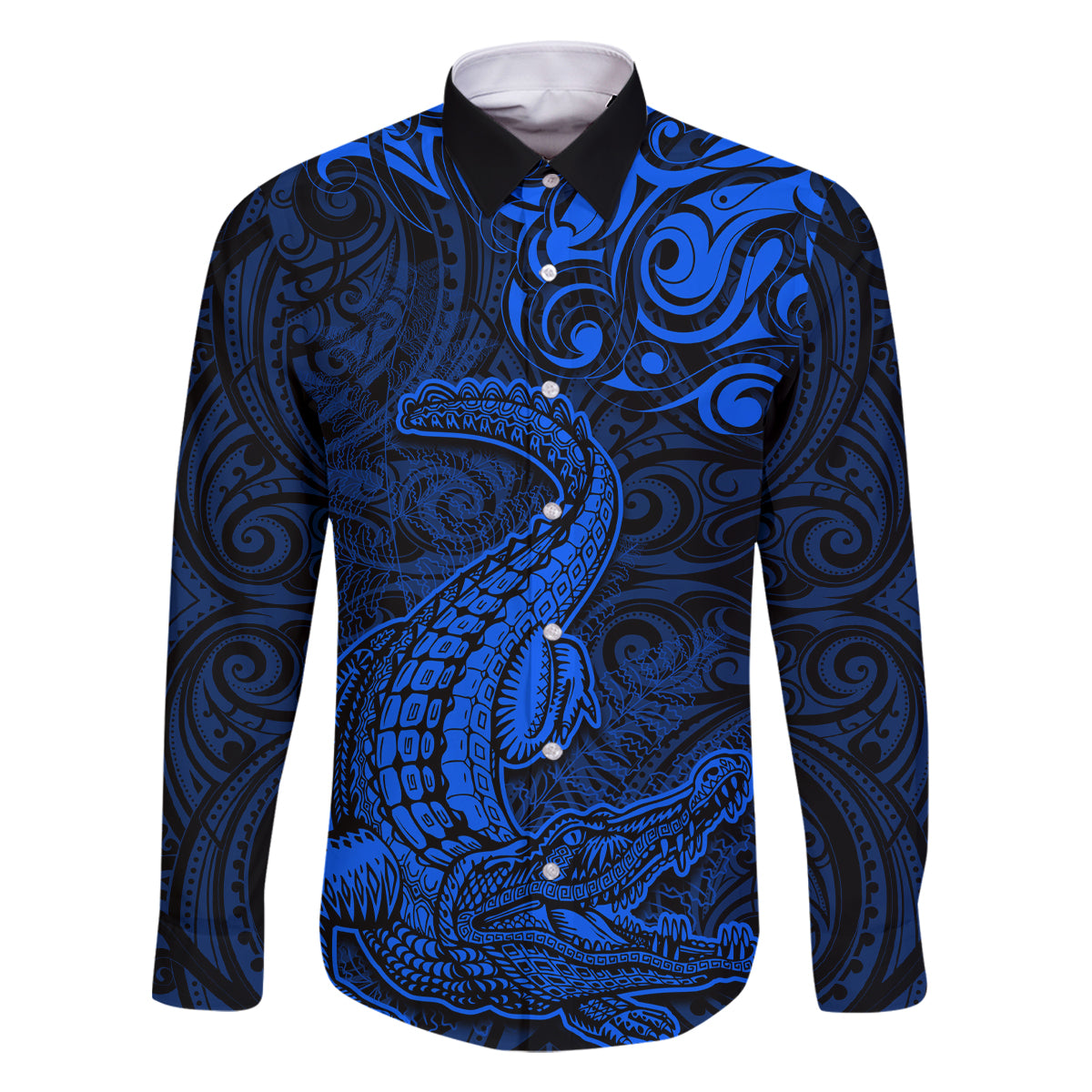 New Zealand Crocodile Tattoo and Fern Family Matching Off Shoulder Maxi Dress and Hawaiian Shirt Maori Pattern Blue Color LT03 Dad's Shirt - Long Sleeve Blue - Polynesian Pride
