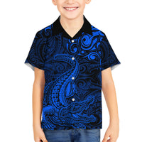 New Zealand Crocodile Tattoo and Fern Family Matching Off Shoulder Maxi Dress and Hawaiian Shirt Maori Pattern Blue Color LT03 Son's Shirt Blue - Polynesian Pride