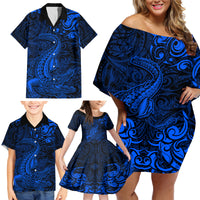 New Zealand Crocodile Tattoo and Fern Family Matching Off Shoulder Short Dress and Hawaiian Shirt Maori Pattern Blue Color LT03 - Polynesian Pride