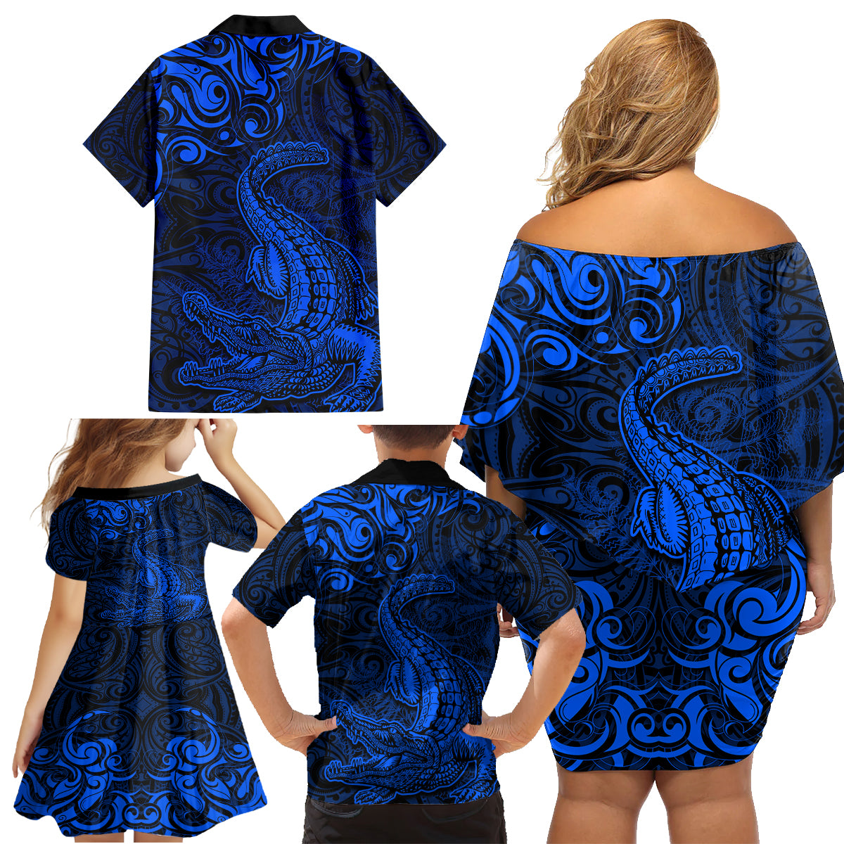 New Zealand Crocodile Tattoo and Fern Family Matching Off Shoulder Short Dress and Hawaiian Shirt Maori Pattern Blue Color LT03 - Polynesian Pride