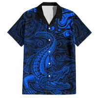 New Zealand Crocodile Tattoo and Fern Family Matching Off Shoulder Short Dress and Hawaiian Shirt Maori Pattern Blue Color LT03 Dad's Shirt - Short Sleeve Blue - Polynesian Pride