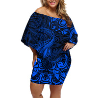 New Zealand Crocodile Tattoo and Fern Family Matching Off Shoulder Short Dress and Hawaiian Shirt Maori Pattern Blue Color LT03 Mom's Dress Blue - Polynesian Pride