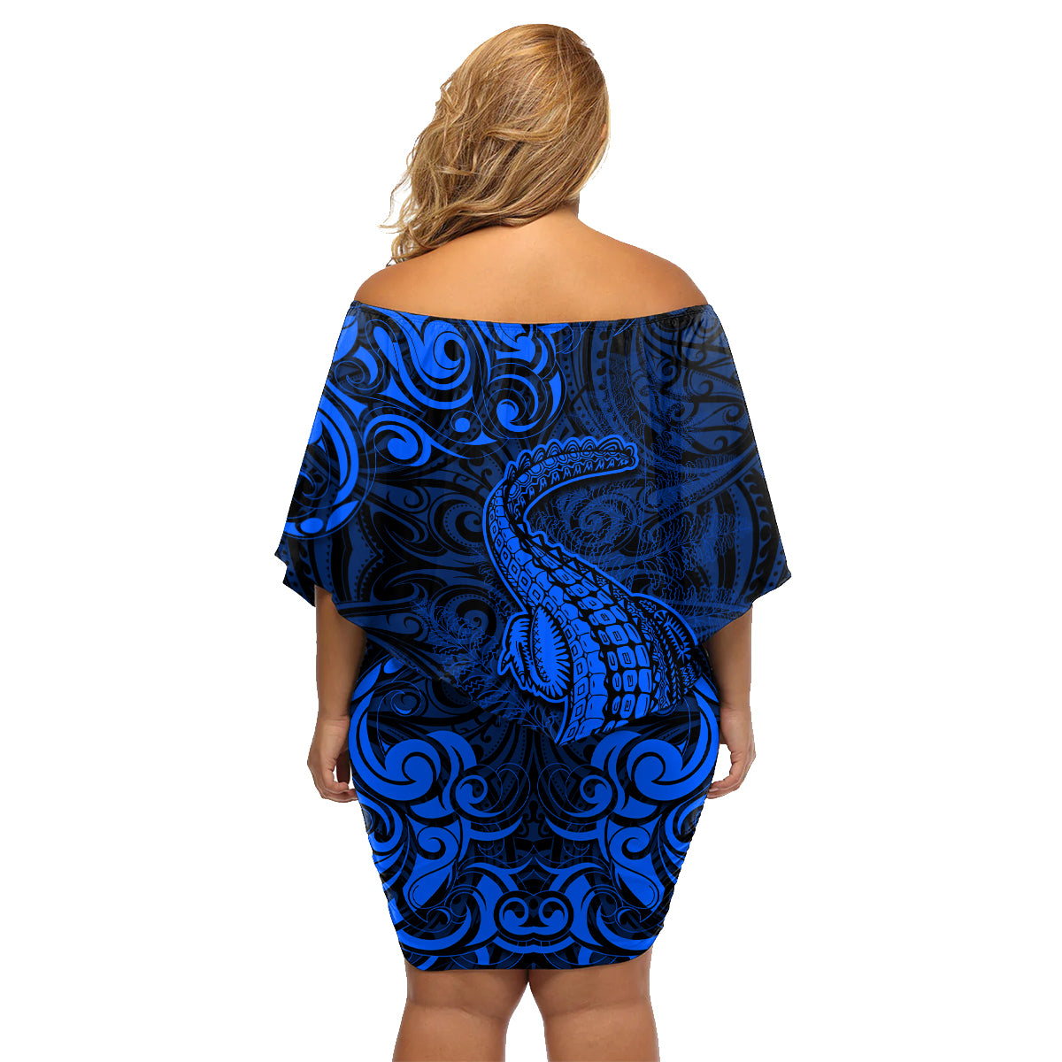 New Zealand Crocodile Tattoo and Fern Family Matching Off Shoulder Short Dress and Hawaiian Shirt Maori Pattern Blue Color LT03 - Polynesian Pride
