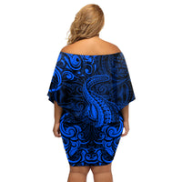 New Zealand Crocodile Tattoo and Fern Family Matching Off Shoulder Short Dress and Hawaiian Shirt Maori Pattern Blue Color LT03 - Polynesian Pride