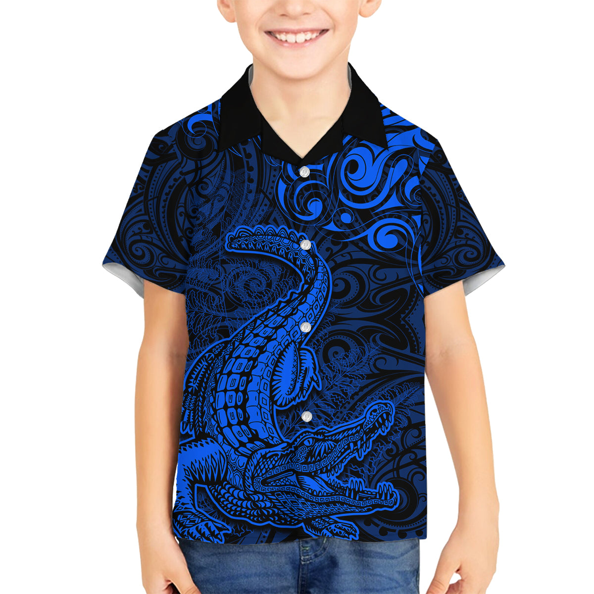 New Zealand Crocodile Tattoo and Fern Family Matching Off Shoulder Short Dress and Hawaiian Shirt Maori Pattern Blue Color LT03 Son's Shirt Blue - Polynesian Pride