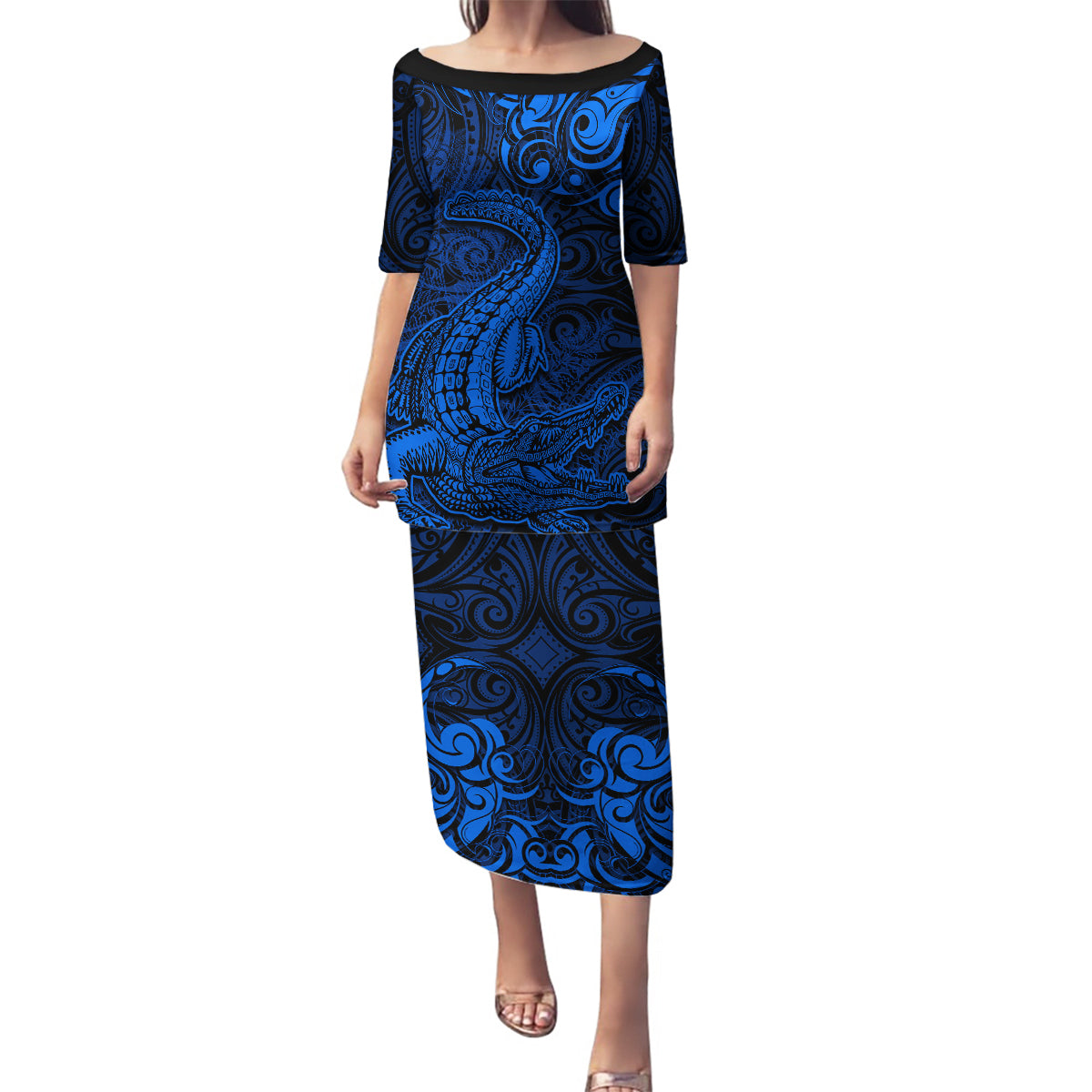 New Zealand Crocodile Tattoo and Fern Family Matching Puletasi and Hawaiian Shirt Maori Pattern Blue Color LT03 Mom's Dress Blue - Polynesian Pride