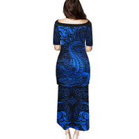 New Zealand Crocodile Tattoo and Fern Family Matching Puletasi and Hawaiian Shirt Maori Pattern Blue Color LT03 - Polynesian Pride
