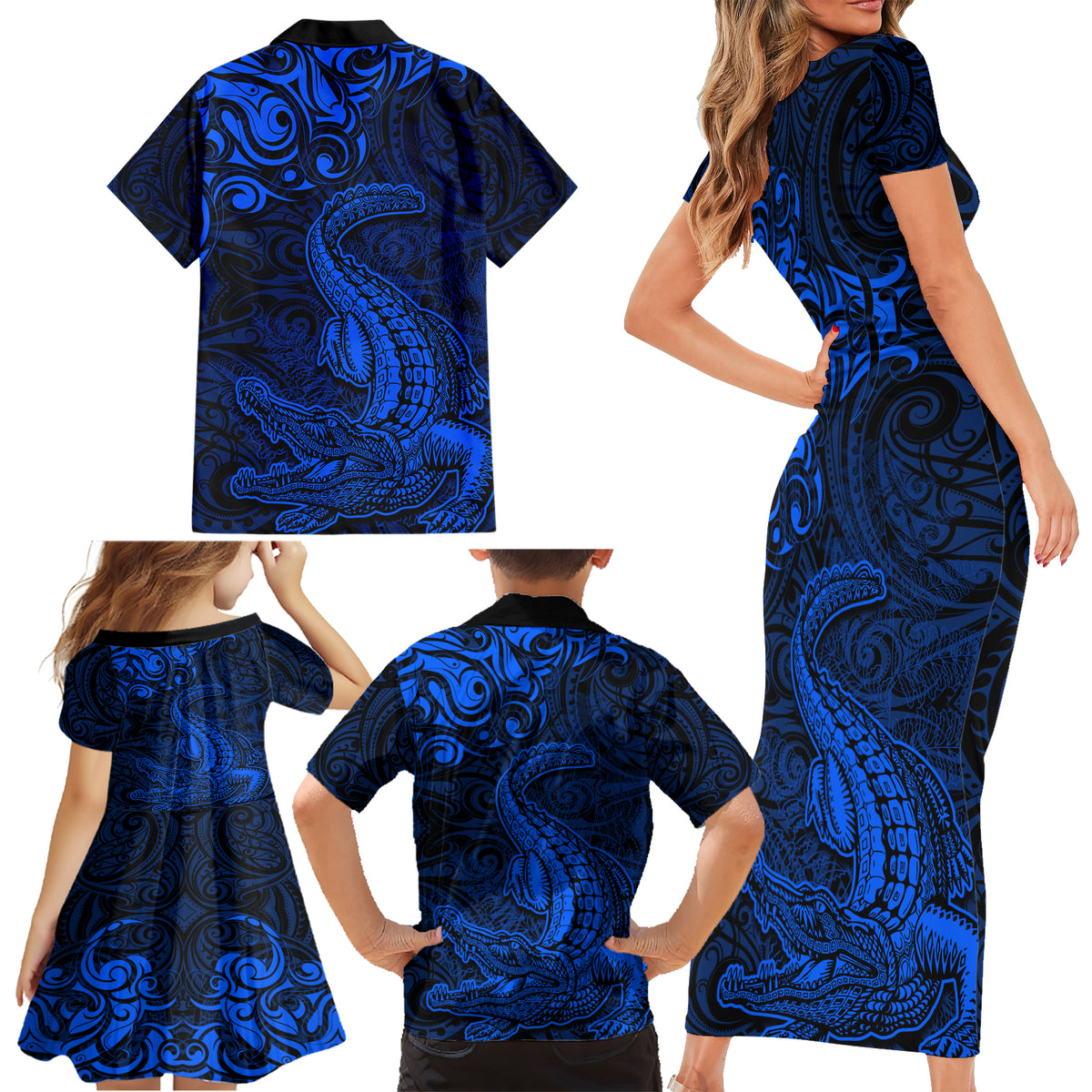 New Zealand Crocodile Tattoo and Fern Family Matching Short Sleeve Bodycon Dress and Hawaiian Shirt Maori Pattern Blue Color LT03 - Polynesian Pride