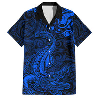 New Zealand Crocodile Tattoo and Fern Family Matching Short Sleeve Bodycon Dress and Hawaiian Shirt Maori Pattern Blue Color LT03 Dad's Shirt - Short Sleeve Blue - Polynesian Pride