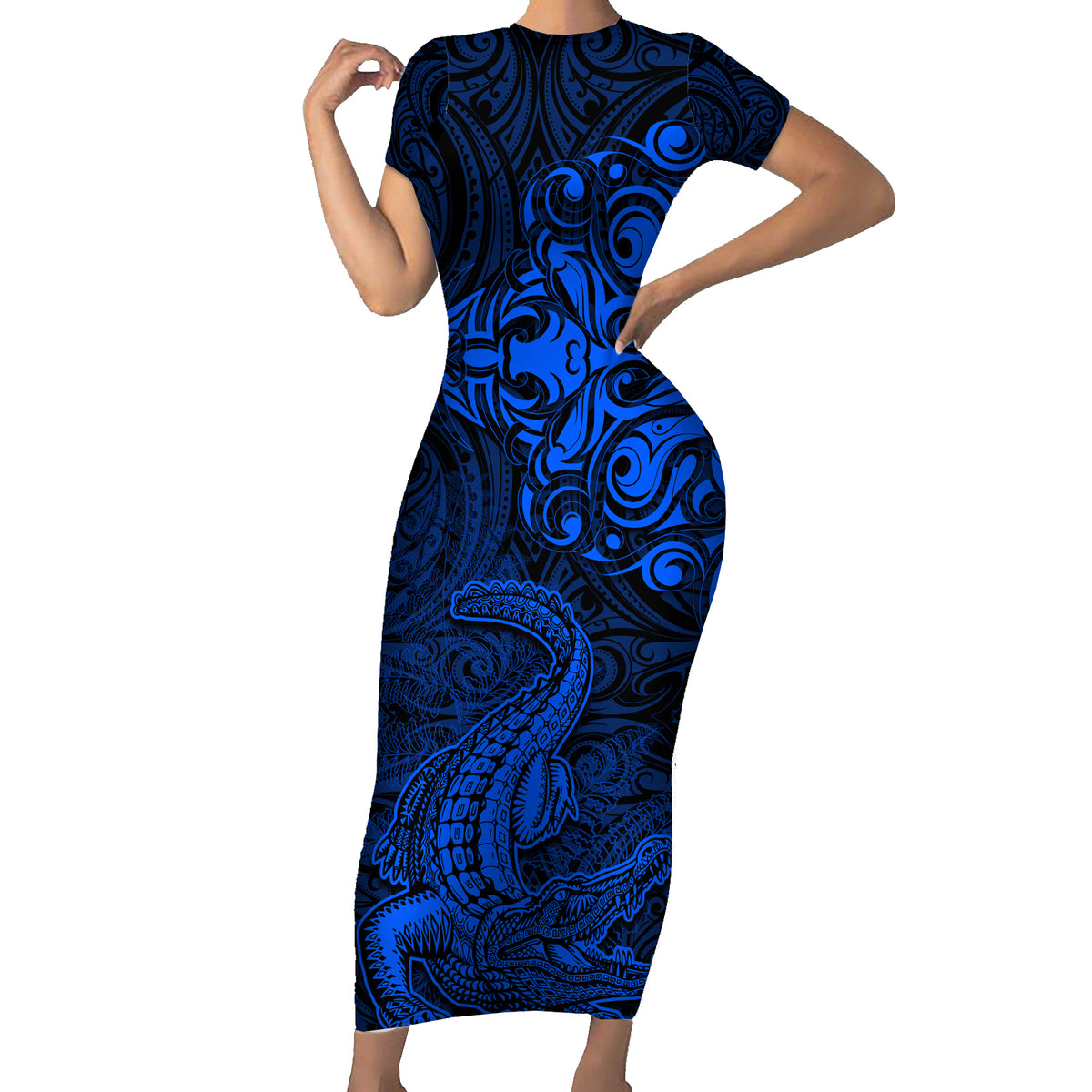 New Zealand Crocodile Tattoo and Fern Family Matching Short Sleeve Bodycon Dress and Hawaiian Shirt Maori Pattern Blue Color LT03 Mom's Dress Blue - Polynesian Pride