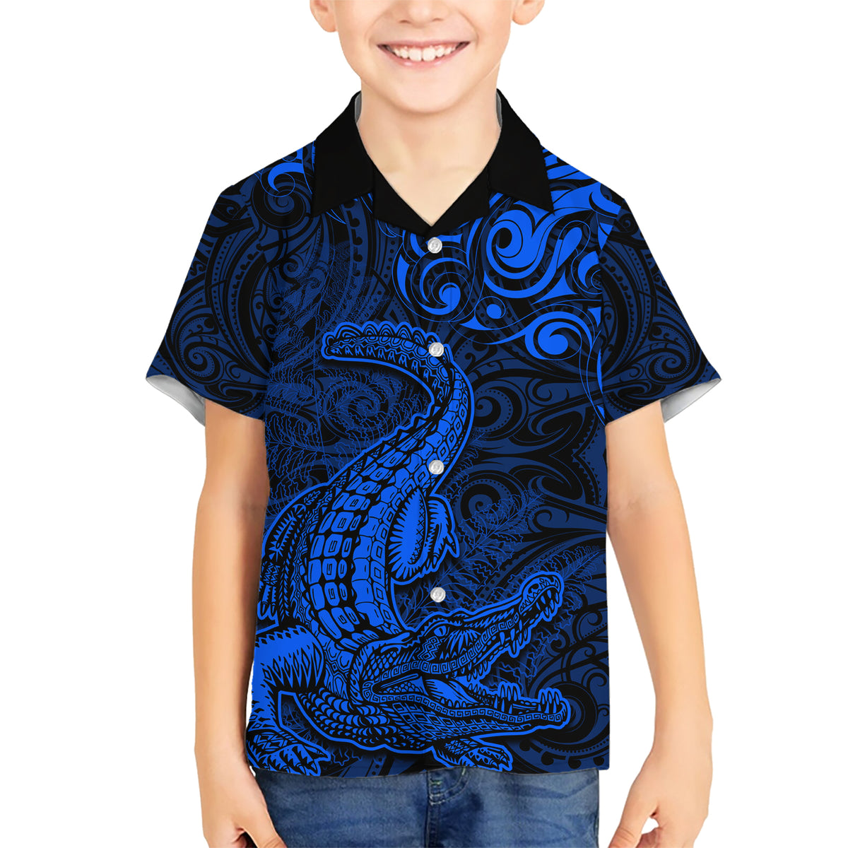 New Zealand Crocodile Tattoo and Fern Family Matching Short Sleeve Bodycon Dress and Hawaiian Shirt Maori Pattern Blue Color LT03 Son's Shirt Blue - Polynesian Pride