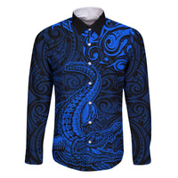 New Zealand Crocodile Tattoo and Fern Family Matching Summer Maxi Dress and Hawaiian Shirt Maori Pattern Blue Color LT03 Dad's Shirt - Long Sleeve Blue - Polynesian Pride