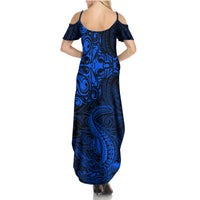 New Zealand Crocodile Tattoo and Fern Family Matching Summer Maxi Dress and Hawaiian Shirt Maori Pattern Blue Color LT03 - Polynesian Pride