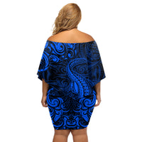 New Zealand Crocodile Tattoo and Fern Off Shoulder Short Dress Maori Pattern Blue Color