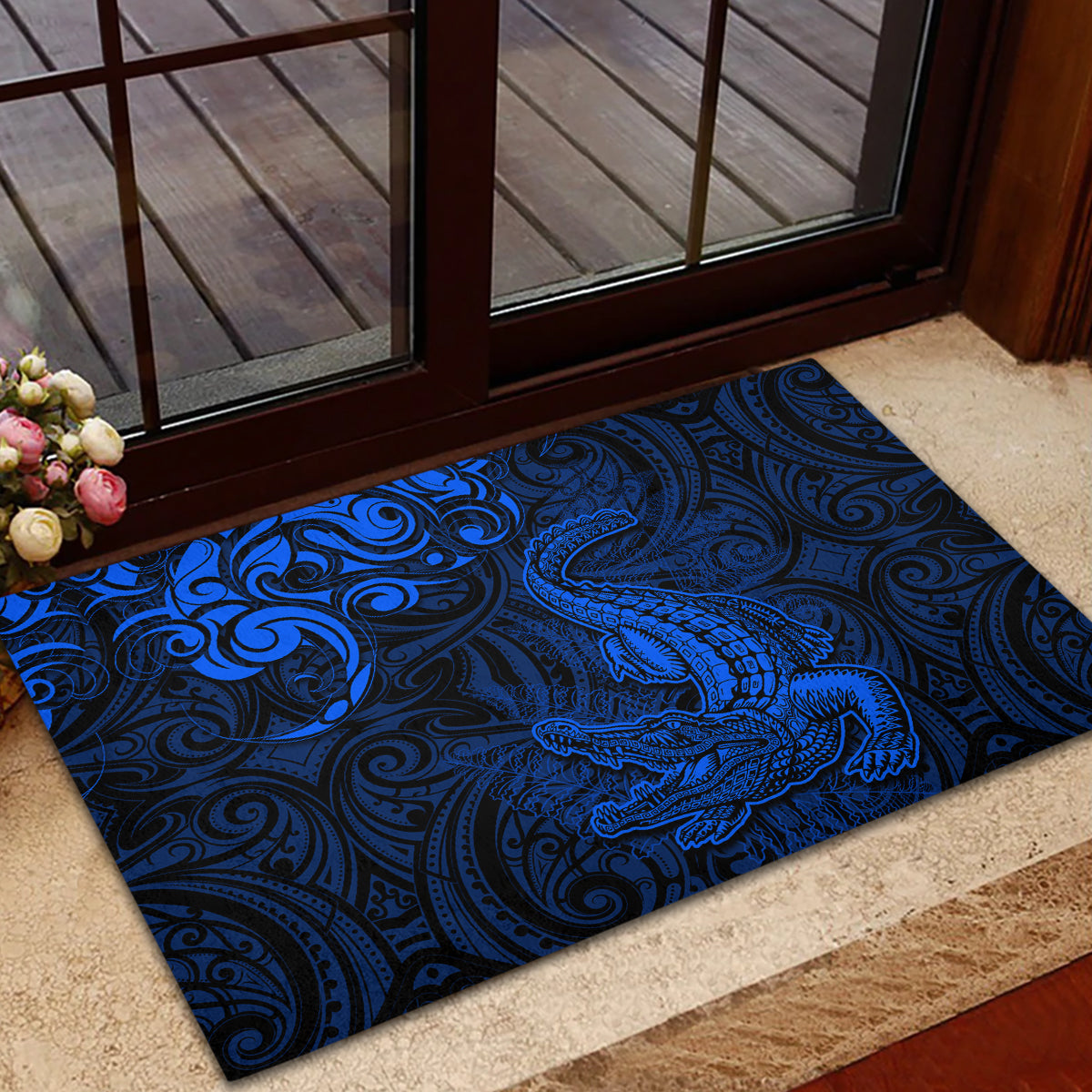 New Zealand Crocodile Tattoo and Fern Rubber Doormat Maori Pattern Blue Color