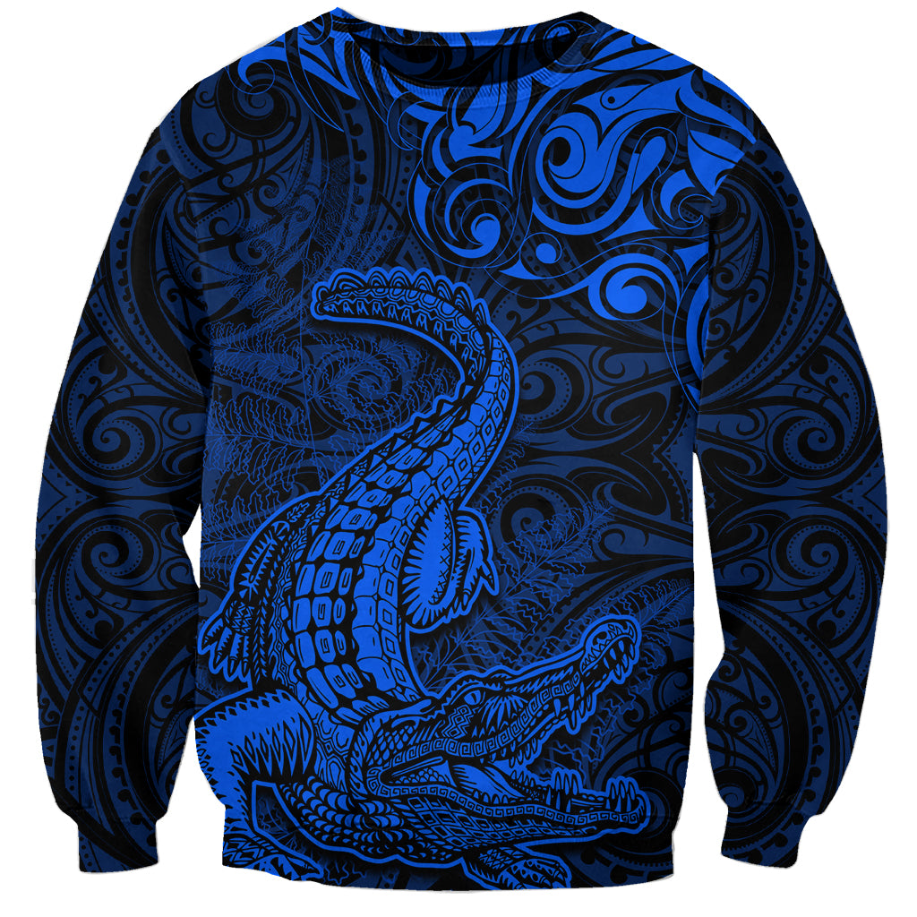 New Zealand Crocodile Tattoo and Fern Sweatshirt Maori Pattern Blue Color